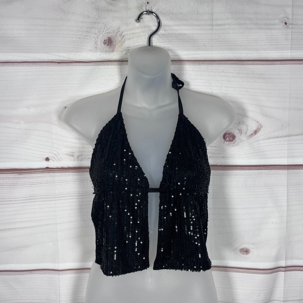 Motel Rocks Halter Top Women S Black Sequin Open Front Tie Back Party Night Out
